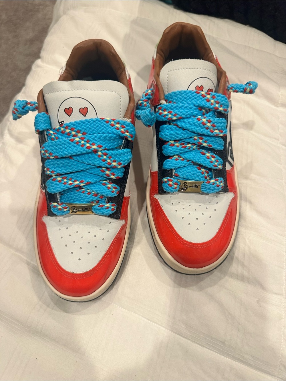 P448 Red & White Heart Accent Sneakers with Bright Blue Laces